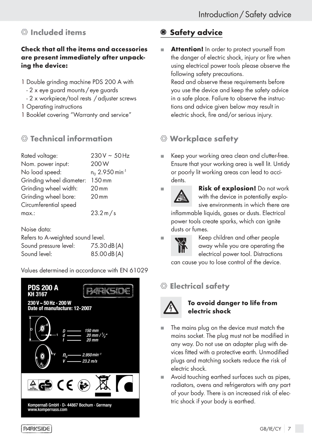 Parkside PDS 200 A manual Introduction / Safety advice, Included items, Technical information, Workplace safety 